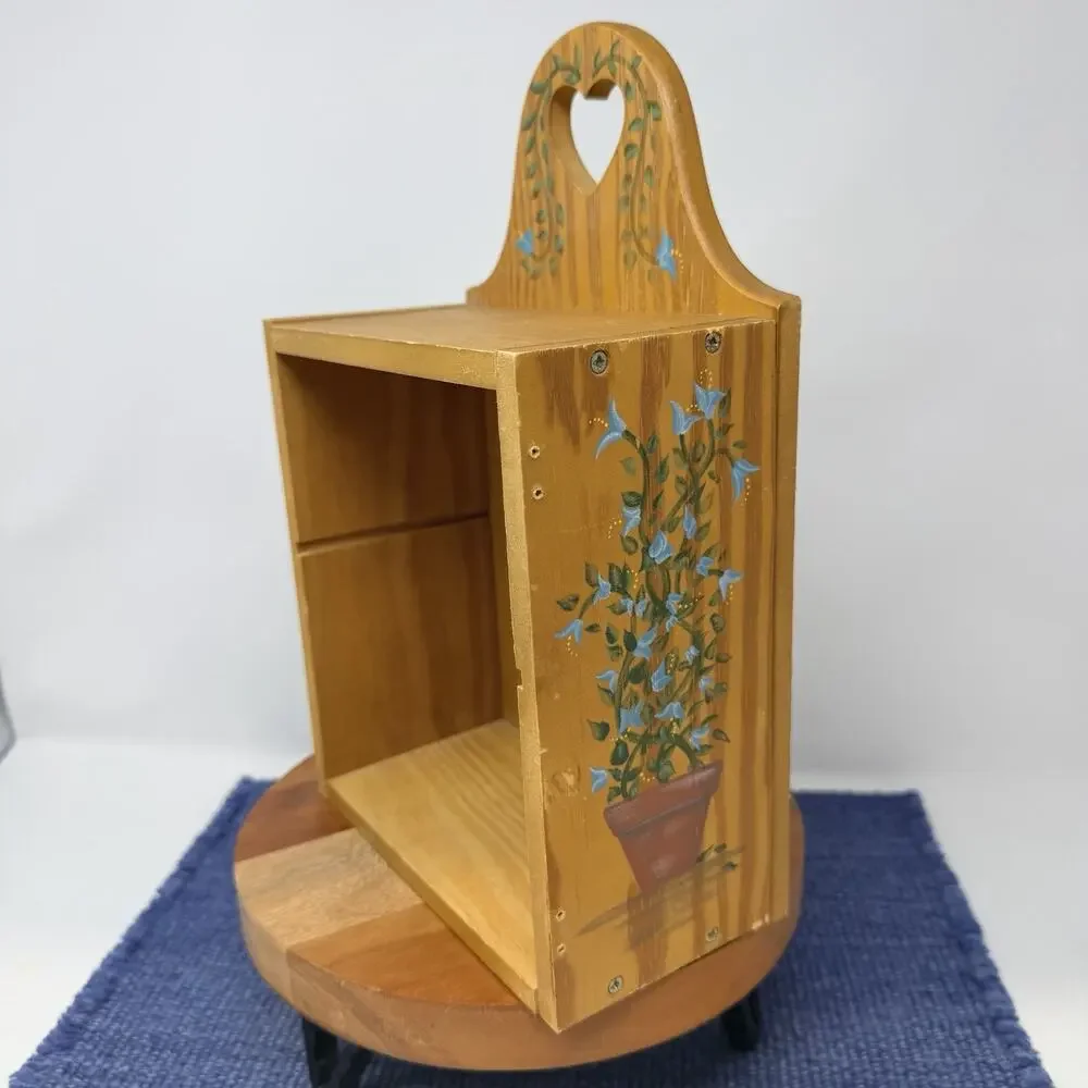 Small Antique Pine Wood Hanging Spice Box With Floral Pattern